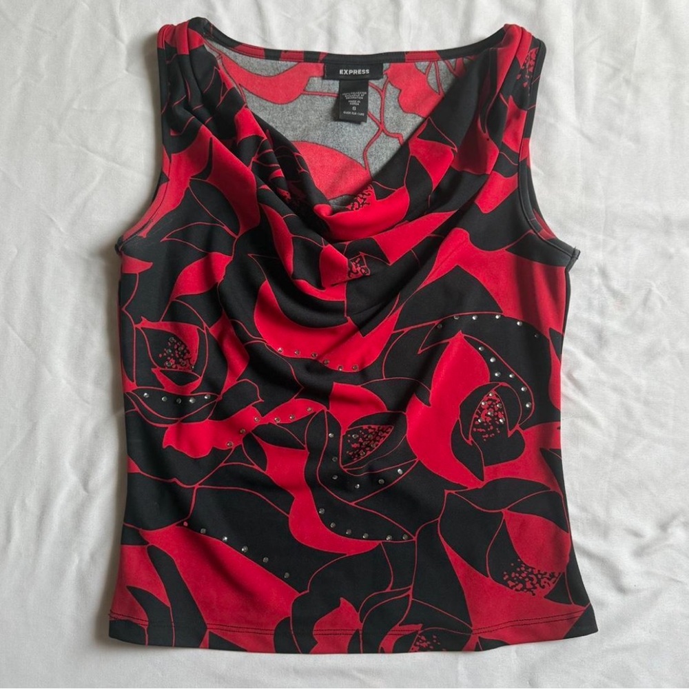 Red floral rhinestone top